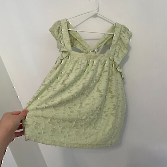 LC LAUREN CONRAD Ruffle Sleeve Cross Back Top Pastel Green Floral Jacquard Tank - Picture 7 of 12